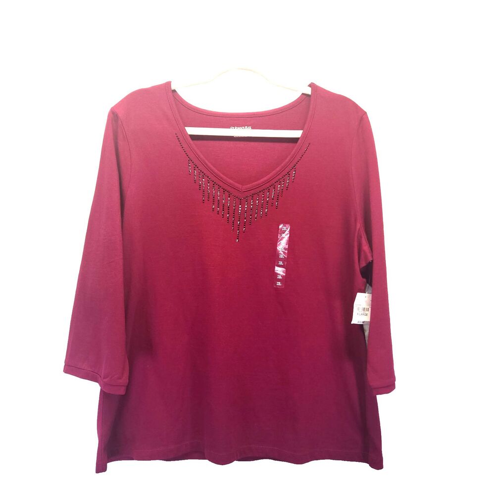 NEW St. John’s Bay Embellished V Neck 3/4 Sleeve Cotton Top Burgandy Red XLARGE